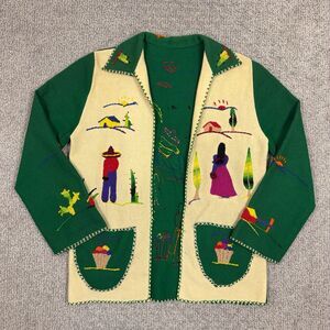 Vintage Handmade Mexican Jacket Womens Medium Green Wool Embroidered Folk Art